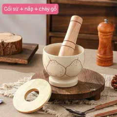 Cối Chày Sứ Kèm Nắp Gỗ 10cm - Cối Giã Tỏi Ớt, Nghiền Thảo Mộc, Gia Vị Phong Cách Hàn Quốc Trang Trí Bếp