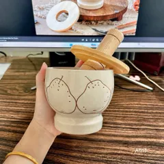 Cối Chày Sứ Kèm Nắp Gỗ 10cm - Cối Giã Tỏi Ớt, Nghiền Thảo Mộc, Gia Vị Phong Cách Hàn Quốc Trang Trí Bếp