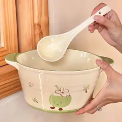 Tô Sứ Có Quai Kèm Muôi Decor Họa Tiết Trái Dừa Xanh Siêu Dễ Thương - Thố Sứ Ăn Mì, Đựng Canh, Salad Phong Cách Hàn Quốc