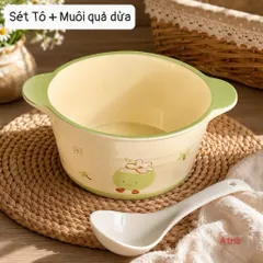 Tô Sứ Có Quai Kèm Muôi Decor Họa Tiết Trái Dừa Xanh Siêu Dễ Thương - Thố Sứ Ăn Mì, Đựng Canh, Salad Phong Cách Hàn Quốc