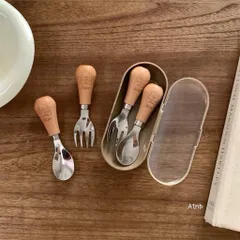 Bộ THìa Dĩa Inox Cán Gỗ Hình Gấu Kèm Hộp Đựng Cho Bé Ăn Dặm