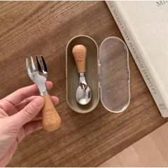 Bộ THìa Dĩa Inox Cán Gỗ Hình Gấu Kèm Hộp Đựng Cho Bé Ăn Dặm