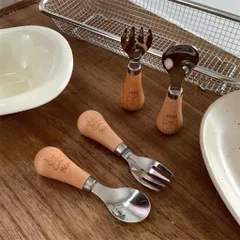 Bộ THìa Dĩa Inox Cán Gỗ Hình Gấu Kèm Hộp Đựng Cho Bé Ăn Dặm
