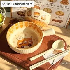 Combo Sét 4 Món Bát Sứ Đĩa Sứ Hình Bánh Mì Dễ Thương, Tô Chén Sứ Phong Cách Hàn Quốc Trang Trí Bàn Ăn, Set Quà Tặng