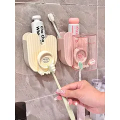 Bộ Kệ Để Bàn Chải Đánh Răng Kèm Cốc Úp Ngược Dán Tường Tiện Lợi, Kệ Treo Phòng Tắm Gọn Gàng Phong Cách Hàn Quốc