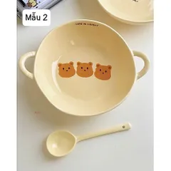 Sét Bát Sứ Gấu Life Is Lovely Kèm Thìa Cao Cấp - Bát Ăn Dặm Cho Bé, Tô Đựng Soup Có Hai Quai Cầm Gốm Sứ Decor Dễ Thương 813809
