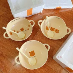 Sét Bát Sứ Gấu Life Is Lovely Kèm Thìa Cao Cấp - Bát Ăn Dặm Cho Bé, Tô Đựng Soup Có Hai Quai Cầm Gốm Sứ Decor Dễ Thương 813809