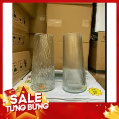 Lọ hoa thủy tinh viền vàng Bình hoa thủy tinh dáng trụ vát cao 21,5 cm decor trang trí 814017
