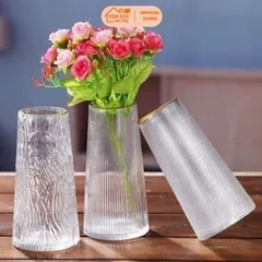 Lọ hoa thủy tinh viền vàng Bình hoa thủy tinh dáng trụ vát cao 21,5 cm decor trang trí 814017