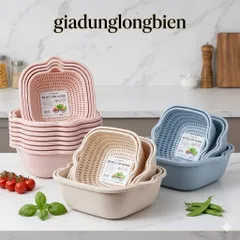 Bộ 6 Rổ Nhựa Kèm Chậu 2 Lớp Hình Vuông Cao Cấp - Combo Rổ Ráo Nước Và Chậu Rửa Rau Củ Quả Tiện Lợi Cho Nhà Bếp 814277