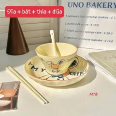Bộ Bát Đĩa Sứ 4 Món Cao Cấp Hình Thỏ Bunny Vintage – Set Đồ Ăn Sứ Chống Nóng Gồm Bát, Đĩa, Thìa, Đũa Decor Bàn Ăn 814343