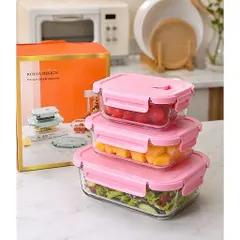 Set 3 Hộp Thủy Tinh Khóa Hộp Đựng Thực Phẩm Borosilicate Cao Cấp Chịu Nhiệt Lò Vi Sóng 410ml 680ml 1000ml Royal Design 814345