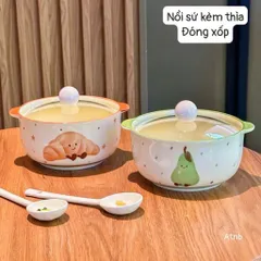 Thố Sứ Có Tay Cầm Kèm Nắp Chống Nóng, Bát Đựng Soup Salad Decor Hình Gấu Và Trái Cây Cao Cấp Dùng Được Lò Vi Sóng 814379