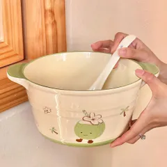Tô Sứ Có Quai Kèm Muôi Decor Họa Tiết Trái Dừa Xanh Siêu Dễ Thương - Thố Sứ Ăn Mì, Đựng Canh, Salad Phong Cách Hàn Quốc 814390