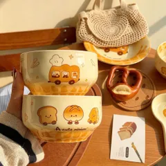 Set 4 Bát Kèm 4 Thìa Sứ Phong Cách Hàn Quốc Họa Tiết Bánh Mì Siêu Cute - Chén Ăn Cơm, Đựng Cháo, Ngũ Cốc Decor Bàn Ăn 814394