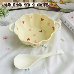 Set Tô Sứ Kèm Thìa Hình Hoa Hoạ Tiết Trái Tim Dễ Thương - Bát Ăn Mì, Ăn Sáng Cao Cấp, Bát Decor Bàn Ăn 814397