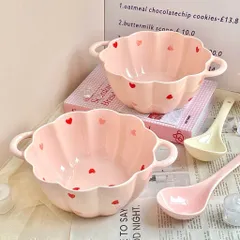 Set Tô Sứ Kèm Thìa Hình Hoa Hoạ Tiết Trái Tim Dễ Thương - Bát Ăn Mì, Ăn Sáng Cao Cấp, Bát Decor Bàn Ăn 814397