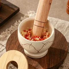 Cối Chày Sứ Kèm Nắp Gỗ 10cm - Cối Giã Tỏi Ớt, Nghiền Thảo Mộc, Gia Vị Phong Cách Hàn Quốc Trang Trí Bếp 814417