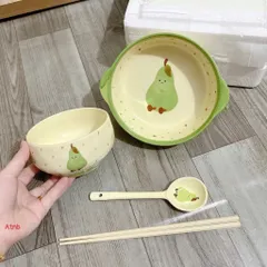 Bộ Bát Đĩa 4 Món Gốm Sứ Cao Cấp Decor - Set Bát Tô Có Quai, Chén Ăn Cơm, Thìa Đũa Họa Tiết Trái Cây Bánh Mì Dễ Thương 814416