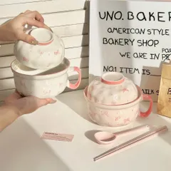 Set Bát Tô Sứ 2 Trong 1 Có Quai Cầm Kèm Nắp, Thìa, Đũa - Thiết Kế Nơ Hồng/Bông Tuyết Xinh Xắn, Bát Úp Mì, Tô Đựng Canh 814418