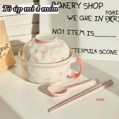 Set Bát Tô Sứ 2 Trong 1 Có Quai Cầm Kèm Nắp, Thìa, Đũa - Thiết Kế Nơ Hồng/Bông Tuyết Xinh Xắn, Bát Úp Mì, Tô Đựng Canh 814418