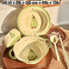 Bộ Bát Đĩa Gốm Sứ Decor Dễ Thương - Trọn Bộ Bát Tô Có Quai Ăn Mì, Bát Con Ăn Cơm, Đĩa Sứ, Thìa Đũa Họa Tiết Bánh Mì Cute 814422