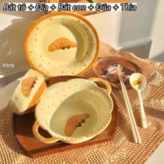 Bộ Bát Đĩa Gốm Sứ Decor Dễ Thương - Trọn Bộ Bát Tô Có Quai Ăn Mì, Bát Con Ăn Cơm, Đĩa Sứ, Thìa Đũa Họa Tiết Bánh Mì Cute 814422