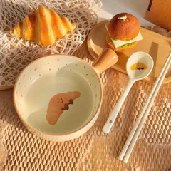 Bộ Bát Đĩa 5 Món Gốm Sứ Cao Cấp Decor - Set Bát Tô Có Tay Cầm, Bát Cơm, Đĩa Lượn Sóng, Thìa Đũa Hình Bánh Mì Dễ Thương 814424