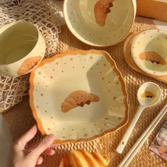 Bộ Bát Đĩa 5 Món Gốm Sứ Cao Cấp Decor - Set Bát Tô Có Tay Cầm, Bát Cơm, Đĩa Lượn Sóng, Thìa Đũa Hình Bánh Mì Dễ Thương 814424