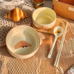 Bộ Bát Đĩa 5 Món Gốm Sứ Cao Cấp Decor - Set Bát Tô Có Tay Cầm, Bát Cơm, Đĩa Lượn Sóng, Thìa Đũa Hình Bánh Mì Dễ Thương 814424