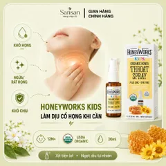HoneyWorks Kids Xịt Họng Mật Ong Hữu Cơ & Kẽm Cho Bé Từ 12 Tháng, Làm Dịu Khô Ngứa Rát Họng 30ml