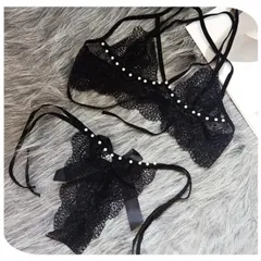 Đồ Lót Nữ Ren Xuyên Thấu Đính Hạt Đáng Yêu Quyến Rũ Set Nội Y Lingerie Cột Dây Gợi Cảm Ngọt Ngào - T368 Đen
