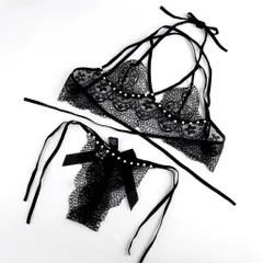 Đồ Lót Nữ Ren Xuyên Thấu Đính Hạt Đáng Yêu Quyến Rũ Set Nội Y Lingerie Cột Dây Gợi Cảm Ngọt Ngào - T368 Đen