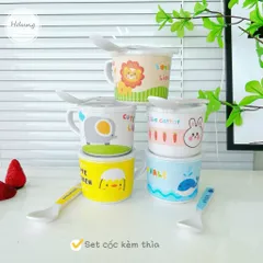 Set cốc có nắp kèm thìa sợi tre hình thú dễ thương cho bé