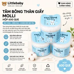 Tăm bông thân giấy trẻ em Molli 600PCS/Hộp - An toàn, mềm mịn, lành tính cho bé yêu