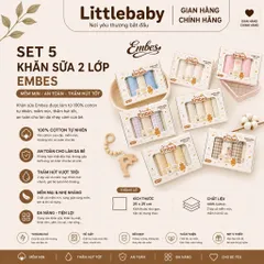 Set 5 khăn sữa 2 lớp Embes hoạ tiết mix xinh xắn, ngộ nghĩnh, an toàn cho bé