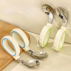 Thìa nĩa tập ăn cho bé tay cầm silicon muỗng vòng cong  thép không gỉ an toàn cao cấp