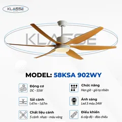 Quạt trần đèn cao cấp Klasse 58KSA 902WY 6 cánh Hàng Đức
