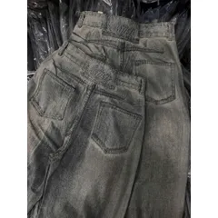 Quần jean dài - Quần jean nữ dài 105cm form suông wash loang sơn màu xám khói bụi cá tính dập nổi chữ phía sau - NU30