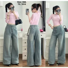 Quần jean dài - Quần ống loe dài 103cm rộng 30-35cm màu xanh wash, phía trước trơn sau túi hộp cá tinh dễ phối đồ - 1014