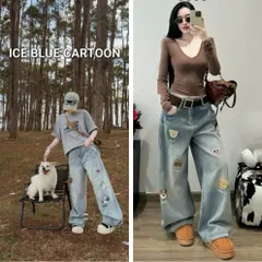 Quần jean dài - Quần jean/ denim ống rộng nhiều hoạt tiết thêu cực ngầu,bụi phong cách đường phố, cá tính chụp hình,cafe