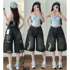 Quần jean đùi - Quần jean ngố lửng màu đen wash loang khói điểm nhấn rách xé dọc 2 mặt cá tính. siêu bụi - 9063
