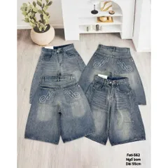 Quần Jean đùi - Quần Ngố chất Jean / Denim wash rách dài 55cm thêu chữ cách điệu, chất chơi phong cách hàn quốc KY25