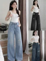 Quần jean dài - Quần jean / denim ống rộng wash rách nhẹ siêu hot 3 màu phong cách retro, hàn quốc, cá tính, năng động