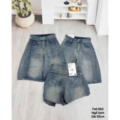 Quần Jean đùi - Quần Ngố chất Jean / Denim wash rách dài 55cm thêu chữ cách điệu, chất chơi phong cách hàn quốc KY25