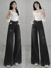 Quần jean dài - Quần jean / denim ống rộng wash rách nhẹ siêu hot 3 màu phong cách retro, hàn quốc, cá tính, năng động