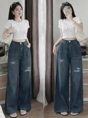 Quần jean dài - Quần jean / denim ống rộng wash rách nhẹ siêu hot 3 màu phong cách retro, hàn quốc, cá tính, năng động
