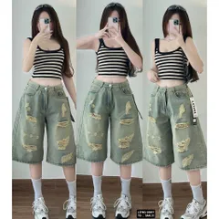 Quần jean đùi - Quần jean ngố lửng wash loang bạc phía trước rách xước mài, trơn sau cá tính 2 màu bụi - 9067/9027