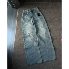 Quần jean dài - Quần jean / denim ống rộng dài 97cm wash bụi thêu chữ X phong cách retro, hàn quốc, cá tính, năng động