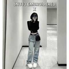 Quần jean dài - Quần jean / denim ống rộng dài 97cm wash bụi thêu chữ X phong cách retro, hàn quốc, cá tính, năng động